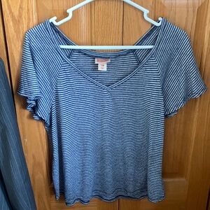 Blue striped v-neck shirt (slightly cropped) with ruffles on the sleeves